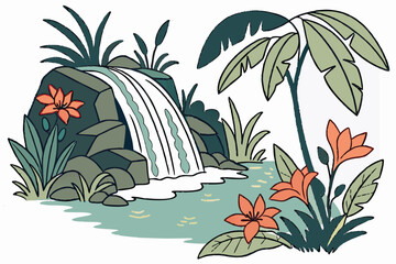 Tropical waterfall with orange flowers and palm leaves
