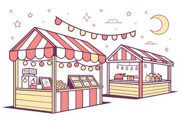 Two colorful market stalls with string lights and moon