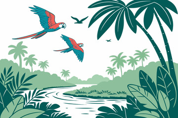Two colorful parrots flying over a tropical river landscape © RABBY