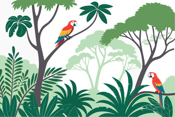 Two colorful macaws perched in a lush jungle parrot