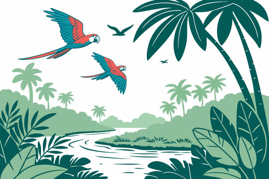 Two colorful parrots flying over a tropical river landscape