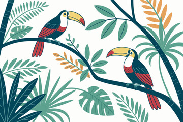 Two toucans perched on branches with tropical leaves