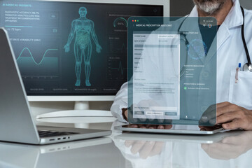 Doctor utilizing AI-powered medical insights and a holographic prescription assistant for advanced patient diagnostics