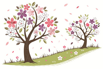 Two trees in colorful bloom with falling petals spring