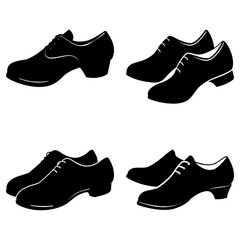 Illustration showcasing four pairs of black leather shoes with laces and a small heel on a white background