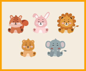 Cute animal Character Set, Animal Illustration Icons with Various Emotions and Expressions