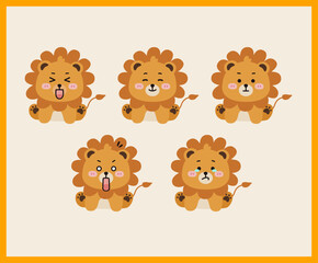 Cute lion Character Set, Animal Illustration Icons with Various Emotions and Expressions