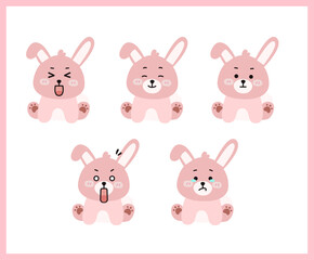 Cute Rabbit Character Set, Animal Illustration Icons with Various Emotions and Expressions