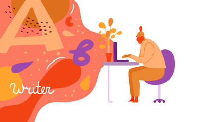 Man is sitting near working table and working on his laptop. Male writer types text. Abstract composition with bright spots and letters on background. Banner with simple optimistic composition.
