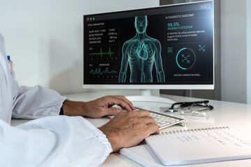 Doctor analyzing AI diagnostic data and patient vitals on a monitor, showcasing advanced healthcare technology integration