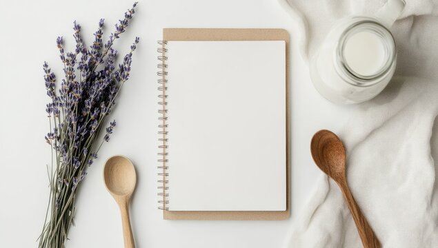 Blank recipe book, lavender, milk, spoons