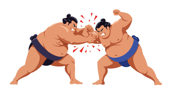 Two Sumo Wrestlers Clashing in a Fierce Match with Red Impact Marks.