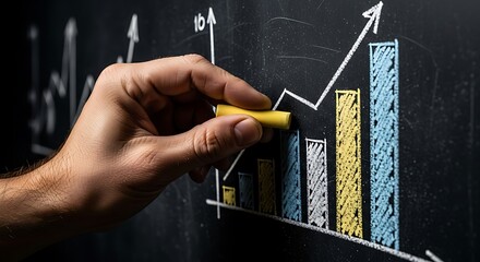 Drawing Business Growth Chart on Blackboard with Rising Arrow and Bars