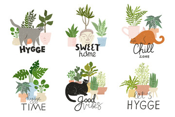 Set of beautiful plants in pots and cats with lettering quotes. Cozy home, hygge, sweet home, chill zone, scandinavian lifestyle illustration templates. Potted plants, urban jungle. For prints.
