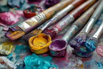 Acrylic paints with palettes brushes and colorful piles for artistic creativity