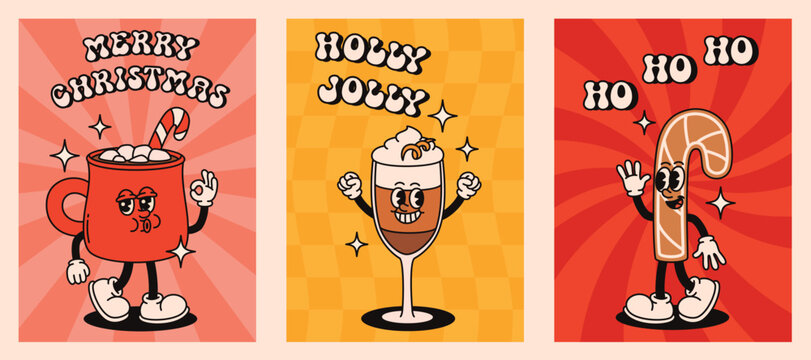 A set of Christmas cards with groovy characters in retro style. Flat vector illustration. - Powered by Adobe