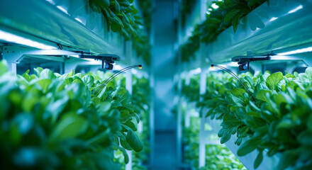 Futuristic Vertical Farm with Automated Drone Monitoring Lush Greenery Under Blue LED Lights