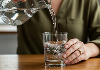 Woman pouring fresh clean drinking water into a glass from a pitcher at home.