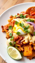 Traditional mexican breakfast red chilaquiles or nachos tortilla chips
