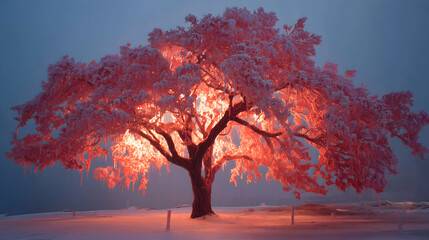 Frost-covered tree at dusk
