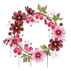 Watercolor floral wreath with pink and burgundy cosmos flowers and green leaves