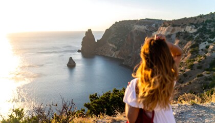 Woman gazing at a dramatic sunset over a rocky coastline