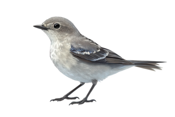 A small gray bird with a white belly perched on its legs, isolated on transparent background, showcasing its delicate features and graceful posture
