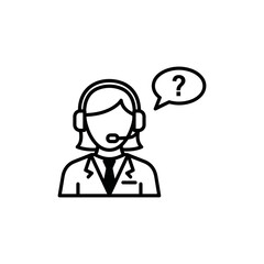 Call center icon presents employee wearing headset with question mark. Call center support representative assisting with help and information related to customer service issues.