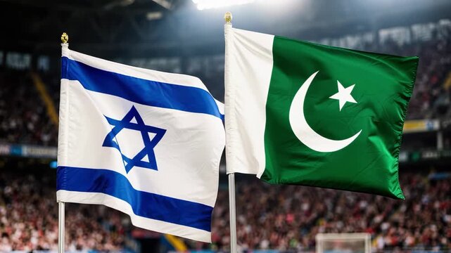 Gimbal close up of Israel and Pakistan flags at sports stadium