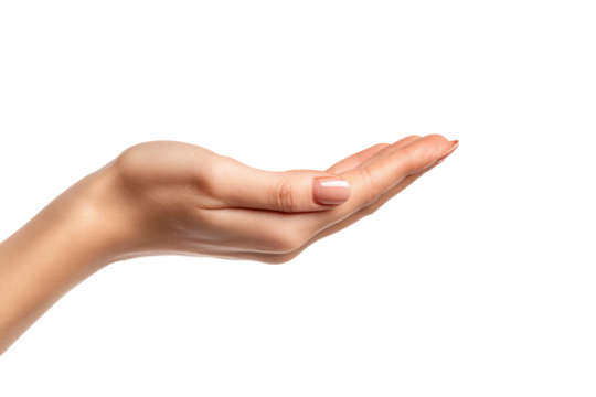 A hand is shown with a white background. The hand is open and the fingers are spread out. Concept of openness and generosity, png