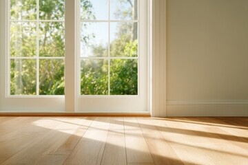 Sunlight streams through large windows, illuminating wooden floo