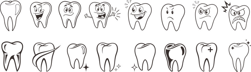 Cartoon tooth icons set showing emotions, dental pain, cavity, and oral health care. Cute dentistry symbols for clinic design, logo, or education material. Fun vector illustrations in outline style.