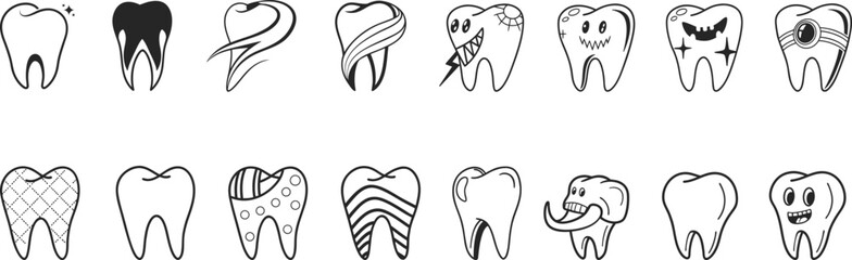 Cartoon tooth icons set showing emotions, dental pain, cavity, and oral health care. Cute dentistry symbols for clinic design, logo, or education material. Fun vector illustrations in outline style.