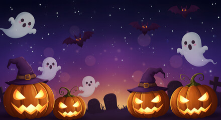 Spooky Halloween Night with Pumpkins and Ghosts