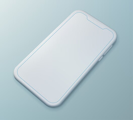 Modern white smartphone vector mockup with blank screen, angled view on a soft blue gradient background. Ideal for app or UI design presentations.