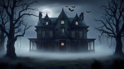 Eerie Victorian Haunted Mansion on a Foggy Night