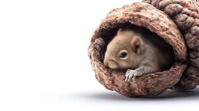 Squirrel in a nut shell wildlife portrait against white background