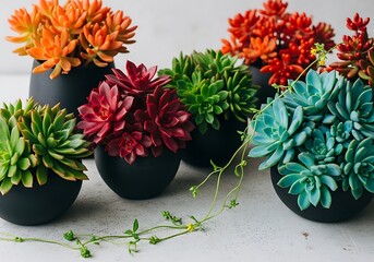 A collection of assorted succulent plants in dark, modern pots, displaying a variety of vibrant green, red, and teal colors, arranged artfully on a light surface with trailing vines