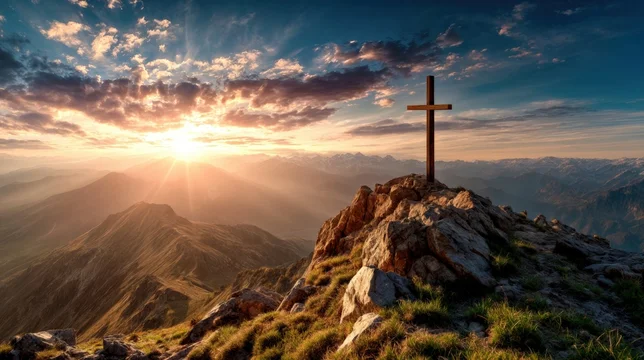 Spiritual wooden cross under dramatic sunset sky