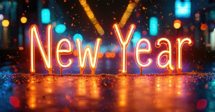 Bright neon text spells New Year over blurred city lights. Festive glow creates celebratory mood, warm colors dominate scene. - Powered by Adobe