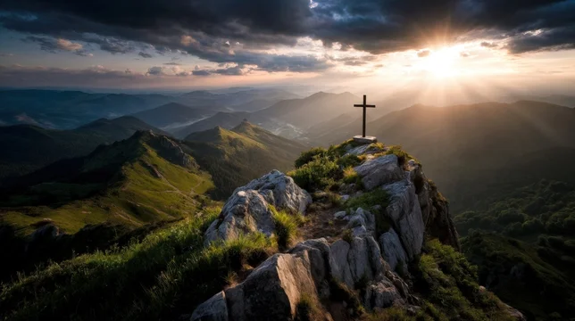 Wooden cross glowing in golden sunset light