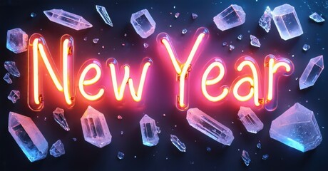 Bright neon text spells New Year. Crystals surround glowing words, creating festive, celebratory mood. Dark background enhances illumination.