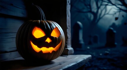 Eerie Jack-o'-Lantern Glowing in a Spooky Dark Forest