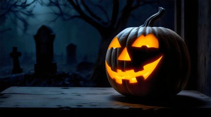 Eerie Jack-o'-Lantern Glowing in a Spooky Dark Forest