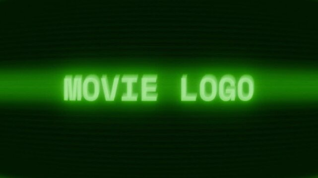 Old green CRT screen showing text MOVIE LOGO appearing in random glitch and coding style