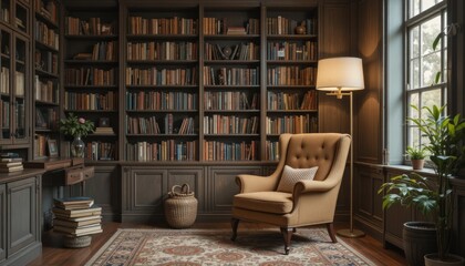 Elegant reading room with vintage books and cozy armchair