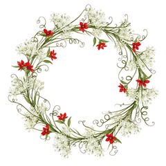 Fototapeta premium Delicate floral wreath with tiny red flowers and white blossoms on a white background