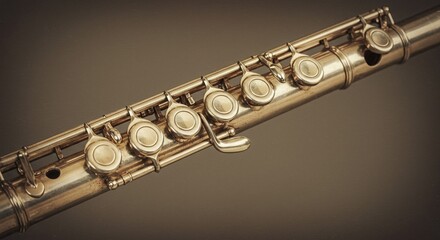 Close-Up of a Golden Flute with Intricate Key Mechanisms on a Dark Background