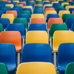Fototapeta premium Repeating texture and pattern of brightly colored plastic or metal seating in an empty stadium. Use a shallow depth of field to make the distant rows blur into an abstract wash of color