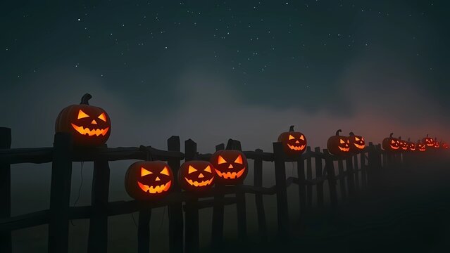 Halloween glowing jack o lantern pumpkins on wooden fence at night, spooky rural countryside scene with carved faces under starry sky, eerie and festive holiday atmosphere